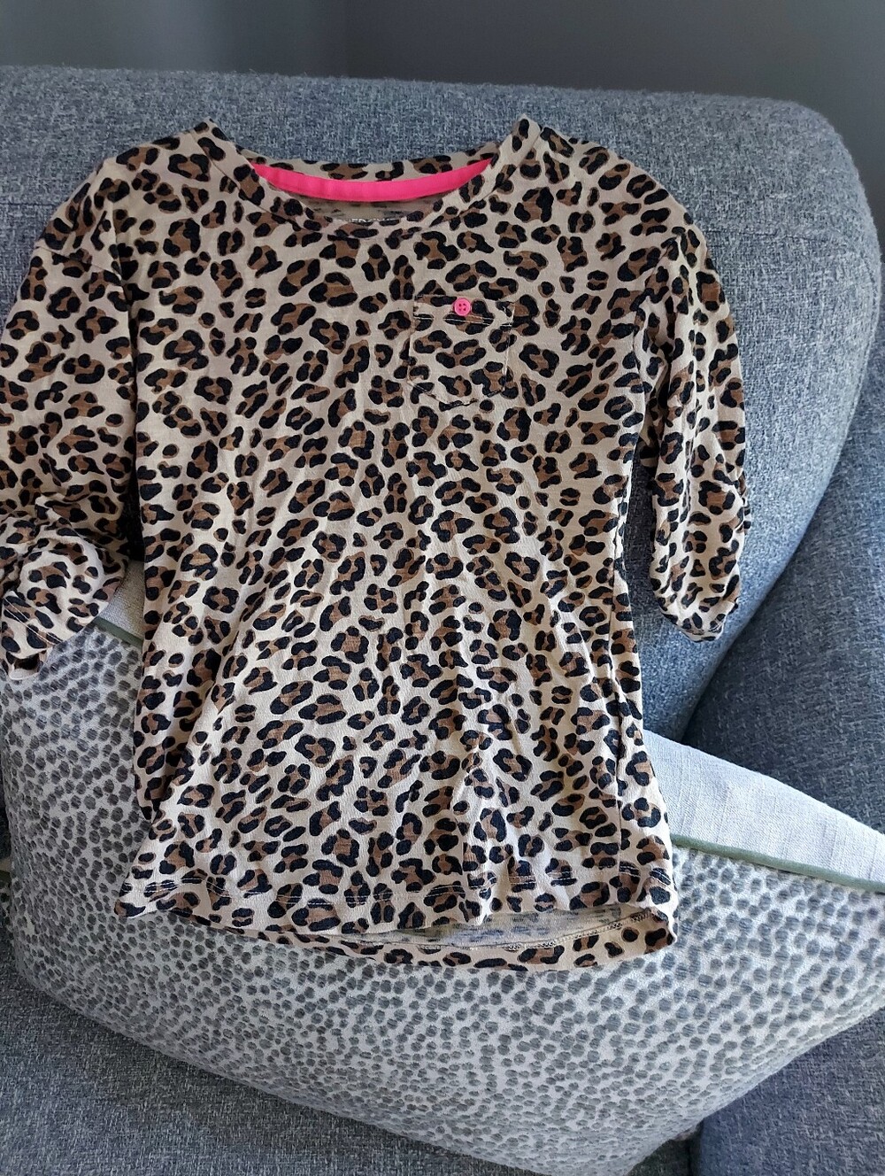 Cherokee Leopard Print Sleeve Tee in Beige, Black & Pink Accents